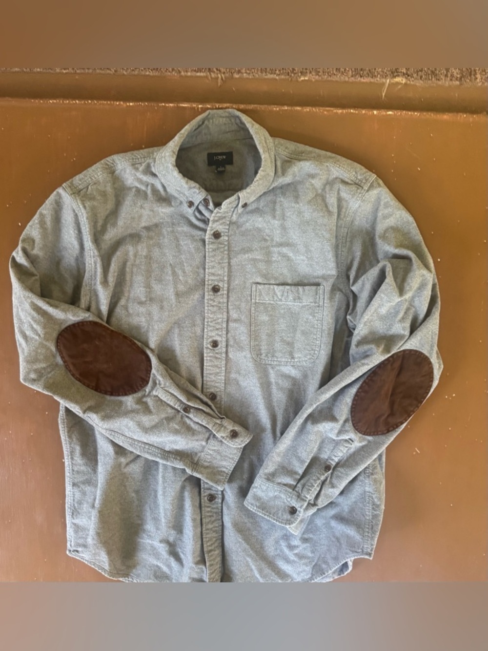 J. Crew Gray Button-Down Shirt with Brown Elbow Patches - Men’s Large